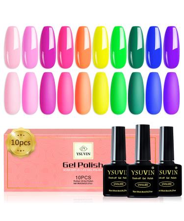 Yueshop RAINBOW Gel Nail Polish 10 Colors Neon Set Pink Orange Yellow Green Blue Purple Colors Soak Off UV Nail Gel Set Fluorescent for Spring Summer Pool Party 8ML