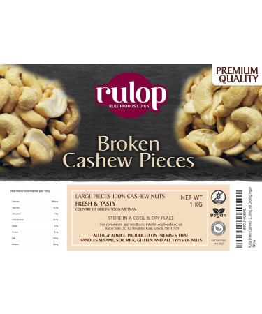 Rulop Broken Cashews - Large Pieces (1kg) - Premium Quality Perfect for Snacking and Cooking Vegan - Buy Online on GoSupps.com