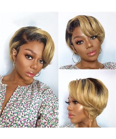 Short Pixie Cut Wigs for Black Women Lace Frontal Human Hair Wigs Pre Plucked Brazilian 13x6x1 T Part Ombre Transparent HD Lace Front Wigs Human Hair Frontal Wigs with Baby Hair Natural Hairline Pixie cut lace wigs #1B/27