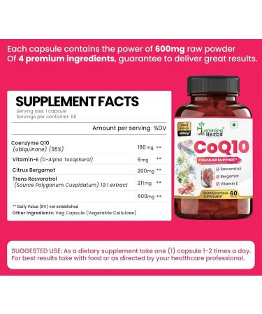 Cellular Support CoQ10 600mg Supplement with Resveratrol Bergamot & Vitamin E - Heart Health & Energy Booster - Antioxidan - Buy Online on GoSupps.com