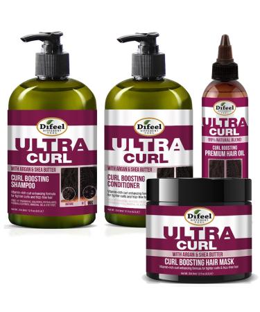 Difeel Ultra Curl Hair Care Set: Enhancing Shampoo (12 oz) Conditioner (12 oz) Mask (12 oz) and Oil (8 oz)