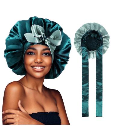 WEIPAO Silk Satin Bonnet - Silk Hair Wrap for Sleeping Satin Bonnet for Curly Hair Sleep Cap Large Double Sided Reversible Hair Bonnet with Tie Band One Size DarkGreen+LightGray