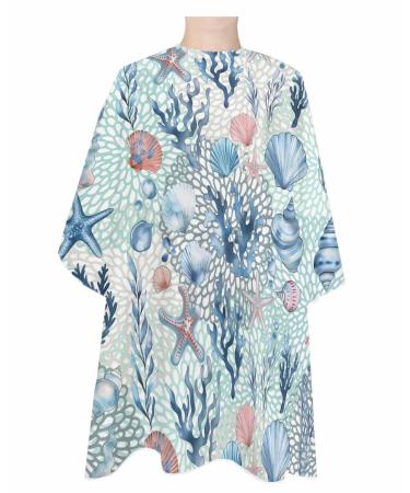 Ocean Coral Barber Cape - Salon Hair Cutting Cape for Women Men Kids Adults Summer Blue Watercolor Starfish Conch Shells Haircut Cape with Adjustable Elastic Neckline Hairdressing Stylist Accessories 1 piece 55x63 Inch Light Green Gray Blue