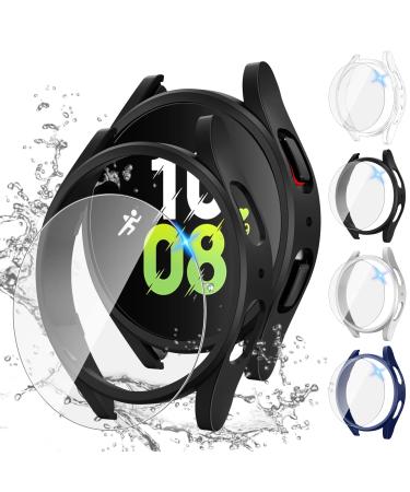 Tensea 4+4Pack for Samsung Galaxy Watch 5 2022 & 4 2021 Screen Protector and Case 44mm Anti-Fog Tempered Glass Protective Film & Hard PC Bumper Face Cover Set for Galaxy Watch5 Watch4 44 mm 44mm Clear/Black/Silver/Blue