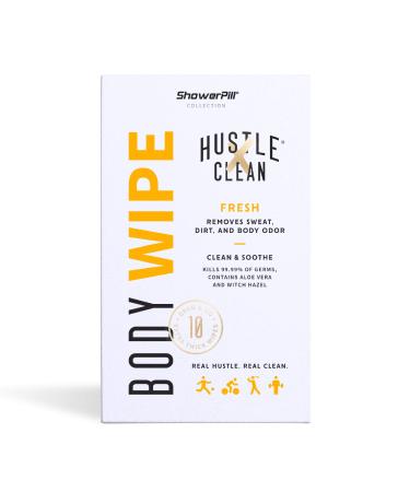 Hustle Clean Body Wipes 9''x8'', Disposable Bathing Wipes For Adults, No Rinse, With Aloe Vera & Vitamin E, Fresh Scent, 10 Individually Wrapped Wipes