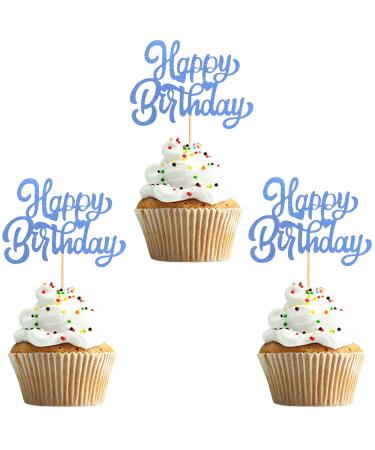 UXYOKM 24Pcs Happy Birthday Cupcake Toppers Blue Glitter Cupcake Picks Birthday Decorations Baby Shower Anniversary Party Supplies