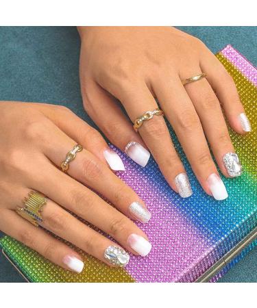 Sethexy White Glossy Squoval False Nails | 24ct Sparkle Rhinestone Acrylic Press-On Fingernails with Glue for Women & Girls - International Shipping Available - Buy Online on GoSupps.com