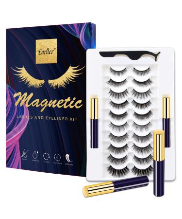 EARLLER Magnetic Eyelashes with Eyeliner Kit 10 Pairs Natural Look False Lashes with Applicator - Easy to Apply and No Glue Needed  3D & 5D Reusable Short and Long Eyelashes Set C10202
