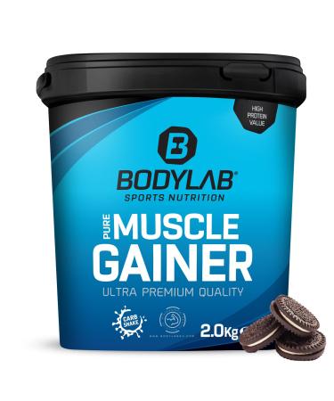BODYLAB24 Pure Muscle Gainer Cookies & Cream 2kg each 100g 33g of natural carbohydrates 40g protein and 12g fat enriched with creatine monohydrate perfect Weight Gainer Shake for mass structure