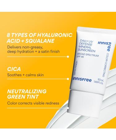 innisfree Daily Mineral UV Defense SPF 45 Face Sunscreen with Green Tint Hyaluronic Acid Korean Skincare Color Correcting Formula - Buy Online on GoSupps.com
