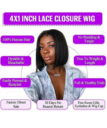 8 Inch T Part Short Bob Brazilian Virgin Human Hair Lace Closure Wig for Black Women - Pre Plucked with Baby Hair - Natural Black - Buy Online on GoSupps.com