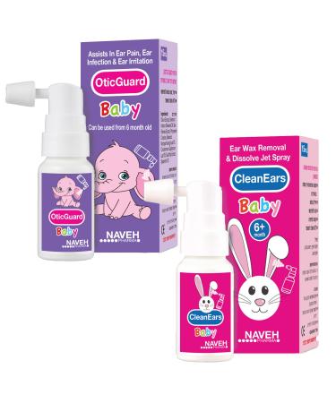 1 Unit Naveh Pharma CleanEars Baby Earwax Removal Spray 1 Fl Oz + 1 Unit of NAVEH PHARMA Otic Guard Baby Ear Infection Spray 0.5 Fl Oz