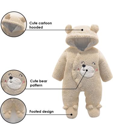 Puseky Newborn Baby Cartoon Bear Snowsuit | Winter Fleece Hooded Romper | Unisex Bodysuit 0-3 Months - Buy Online on GoSupps.com