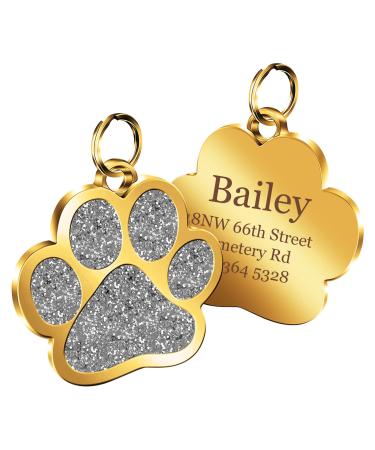 Nibana Pet ID Tags Personalized Dog Tags and Cat Tags Custom Engraved Easy to Read Cute Glitter Paw Pet Tag(Silver)