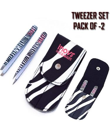 Eyebrow Tweezers Facial Hair Remover 2 Piece Set Slant and Point Tip Zebra Print Free Pouch Stainless Steel Beauty Tweezers - Buy Online on GoSupps.com