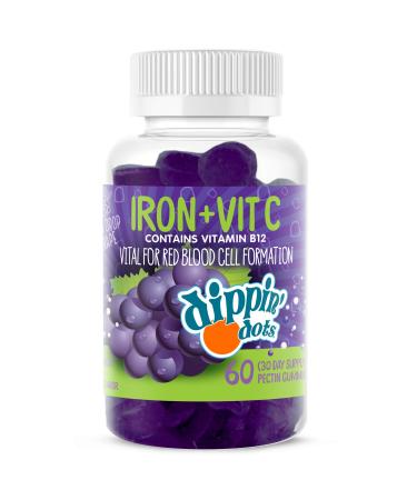 Dippin' Dots - Iron with Vitamin C & B12 Gummies (60 Count) Vital for Red Blood Cell Formation | Gum Drop Grape Real Pectin Fruit Chew Supplements | Vegan, Non-GMO, Gluten Free & Gelatin Free