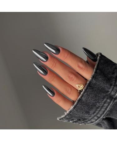 Smoky Grey Chrome Press on Nails Medium Almond KQueenest Mirror Metal Stiletto Fake Acrylic Nails with Bling Design Black Glue on Nails for Daily Party Wear False Nails Press ons in 24 PCS almond smoky grey