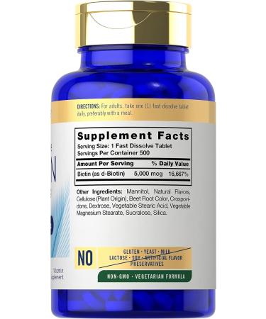 Carlyle Biotin 5000mcg Fast Dissolve Tablets - 500 Count | Vegetarian Non-GMO Gluten Free Supplement - Buy Online on GoSupps.com