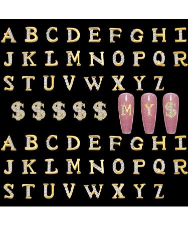 52pcs Gold Letters Nail Stud Alloy Rhinestone + 5pcs 3D Dollar Sign Money Nail Art 3D Capital Letters Nail Studs Alphabet Nail Charms Art for Acrylic Nails Bling Jewels Making Crafts DIY Manicure B-Golden 57pcs