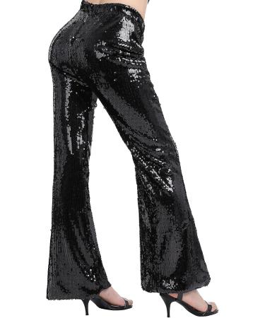 Womens High Waist Black Sequin Sparkle Flared Pants - Size Large - Buy Online on GoSupps.com