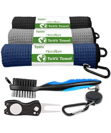 ToVii Golf Towel Microfiber Waffle Pattern Golf Towel | Brush Tool Kit with Club Groove Cleaner | Golf Divot Tool | Golf Accessories for Men Navy