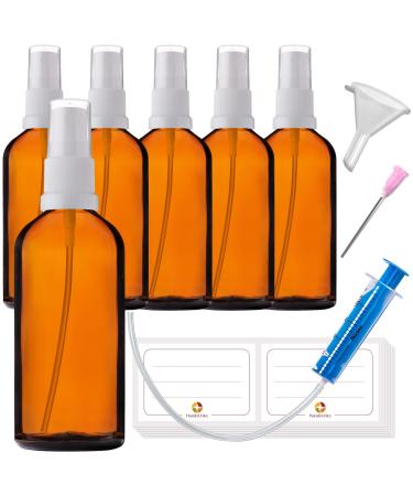 Handsunity 100ml-6Stk spray glass bottle-pharmacy amber glass bottle set with white atomizer glass spray bottle made of brown las including 17 accessories 100ml-6 pieces White cap