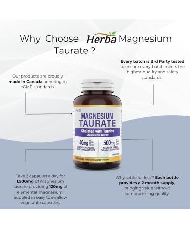 Herba Magnesium Taurate Supplement 500mg 180 Vegetable Capsules | Chelated with Taurine for Bioavailability | 40mg of Elemental Magnesium Per Capsules | Made in Canada - Buy Online on GoSupps.com