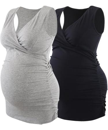 ZUMIY Maternity Nursing Top | Women's Cotton V Neck Ruched Waist | Double Layered Tank | Black+Grey 2-Pack - Buy Online on GoSupps.com