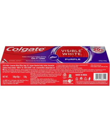 Colgate Visible White Purple Toothpaste for Whitening Enamel-Safe Daily Use Paste (100g+20g/ 3.5oz+0.7oz) 4 Ounce (Pack of 1) - Buy Online on GoSupps.com