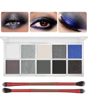 10 Colors Black Smokey Eyeshadow Palette Gray Silver Glitter Neutral Shimmer Smokey Eye Eyeshadow Palette Blue Cool Toned High Pigmented Long-Lasting Waterproof Make Up Pallets Kit Advanced Eyeshadow Brush