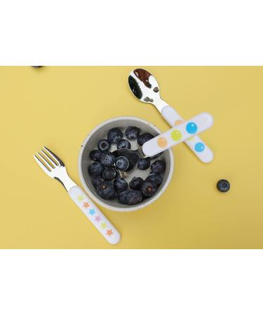 EXZACT Kids Cutlery Set - 6pcs Stainless Steel 18/10 Children's Flatware with Plastic Handles - BPA Free Toddler Utensils - Stars & Dots Design - 2 Forks, 2 Knives, 2 Spoons - Buy Online on GoSupps.com