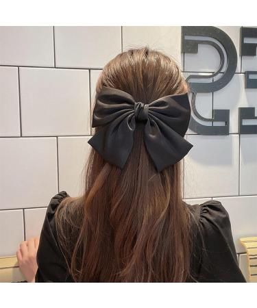 Bow Hair Clip Set for Women - 2pcs Big Bowknot Hairpins with Ribbon | French Hair Barrettes in Solid Black White | Soft Satin Silky Hair Accessories for Girls - Buy Online on GoSupps.com