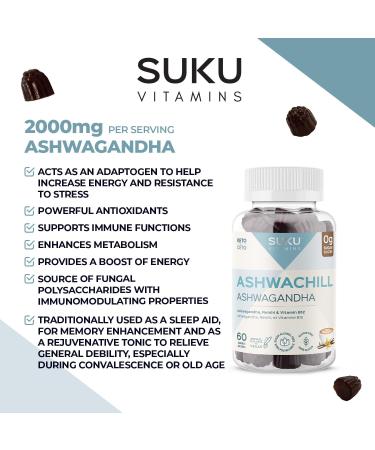 SUKU Vitamins Ashwagandha Gummy Supplement Sugar Free with Reishi and B12 | 2000MG 60 Gummies | Stress Relief Memory Support Increase Energy & Sleep Aid With Energy Boosting Vitamin B12 Keto Vegan gummy Vitamins (60 count) - Buy Online on GoSupps.com