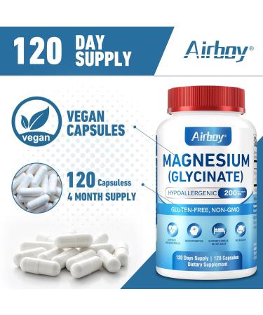 Airboy Magnesium Glycinate 200 mg Best Magnesium Glycinate for Sleep 120 Vegan Small Capsules High Absorption Support Relaxation Sleep and Calm Mood Non-GMO and No Gluten - Buy Online on GoSupps.com