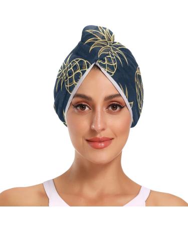 Gold Pineapple Dark Blue Hair Towel 2 Pack Super Absorbent Hair Drying Towel Quick Dry Hair Turbans Head Towel with Button Twisty Wrap for Women Girls