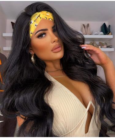 Body Wave Headband Wig Synthetic Natural Color Long Wavy Wig for Black Women Glueless Wig with Headband Attached 180% Density Heat Friendly 22 inch