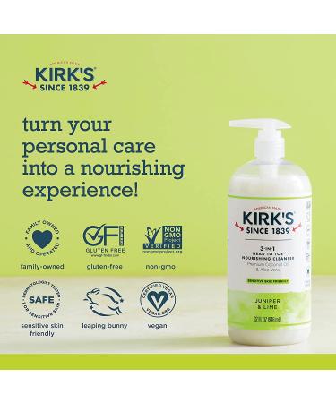 Kirk's 3-in-1 Castile Liquid Soap | Coconut Oil, Aloe Vera | Juniper & Lime Scent | 32 oz Pump Bottle | Shampoo, Face & Body Wash for All - Buy Online on GoSupps.com