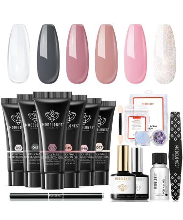 Modelones Poly Nail Gel Kit, 6 Colors Nude Poly Extension Gel Nail Kit Nail Art Design All In One Nail Kit Nail Manicure Starter Kit DIY at Home Pink Gray