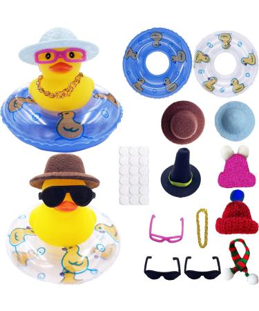 2PCS Car Rubber Duck Decoration Dashboard Yellow Duck with Hat Sunglasses Gold Chain Donut Scarf for Bath Toys Baby Shower Toy Car Office Bedroom Ornaments Winter