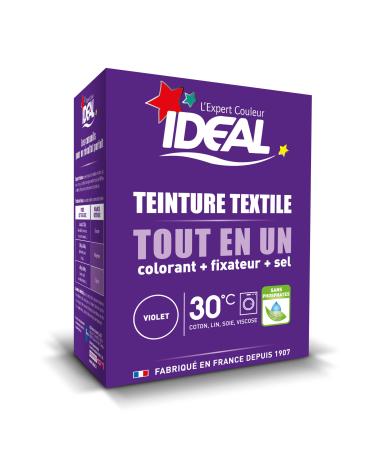 IDEAL - Kit Teinture Tout en Un Mini Violet - 230 g - Colorant + Fixateur + Sel Inclus - Teinture Textile Longue Tenue - Coton Lin Soie Viscose - Efficace d s 30 C - Fabrication Fran aise