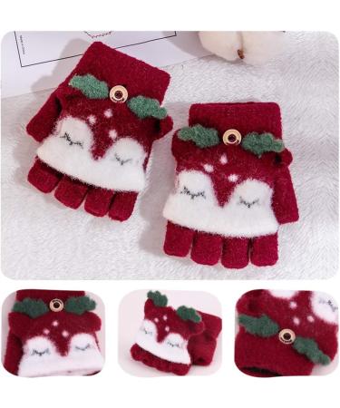 Kids Puppy Flip Top Gloves | Short Knitted Half Finger Gloves for Toddlers 3-8 Yrs - Elk/Red - Buy Online on GoSupps.com