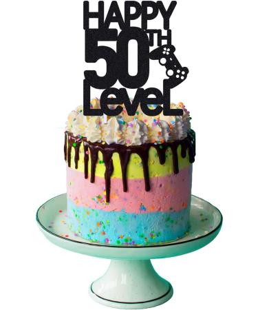 Grad ao Level 50th Birthday Cake Topper for Man Video Game Decoration Funny Husband 50 Fabulous and Happy Fifty Party Handmade (Black) Black Glitter - Buy Online on GoSupps.com