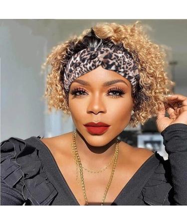 Headband Wig Human Hair Pixie Cut Wigs for Black Women Short Curly Bob Wig Ombre Blonde Glueless Headband Human Hair Wigs 150% Density 8 Inch