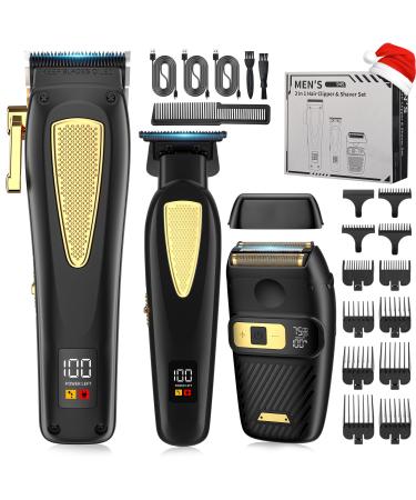 Cordless Barber Hair Clippers Trimmer Electric Shaver Set for Men Professional Hair Cutting Kit & Zero Gap T-Blade Trimmer & 7500 RPM Foil Shaver with LCD Display Mens Gift Black