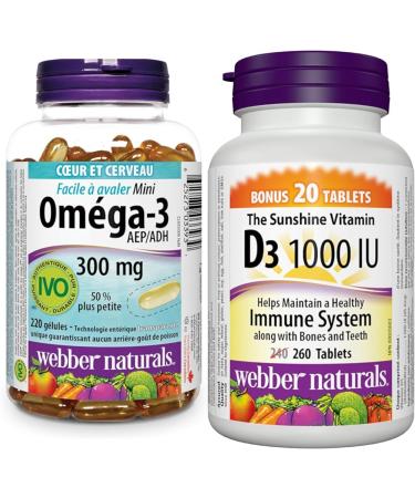 Webber Naturals Omega-3 300 mg Mini 220 Clear Enteric No Fishy Aftertaste Mini Softgels & Vitamin D3 1000 IU 260 Tablets For Healthy Bones Teeth and the Maintenance of Good Health