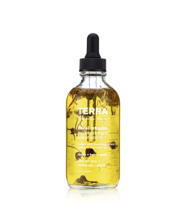 Terra Beauty Bars Floral Infusion Multitasking Body Nail and Hair Oil Cedarwood 4oz in glass bottle with dropper