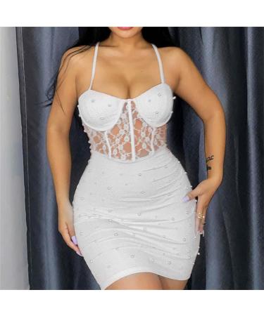 Shop Beaded Lace Strap Camisole Hip Skirt Dress - Spring Knitted Sexy Back Dance Dress for Teenagers - White S - Buy Online on GoSupps.com