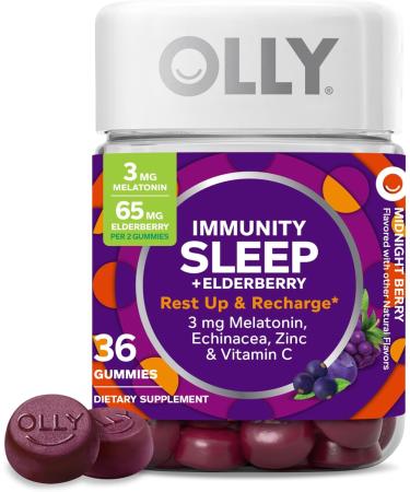 OLLY Immunity Sleep Gummy Immune and Sleep Support 3mg Melatonin Echinacea Zinc Vitamin C Chewable Supplement Berry - 36 Count