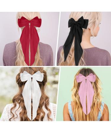 Sibba Satin Hair Barrettes Set - 4Pcs Big Bow Clips with Long Tail, 90's Vintage Hairpins for Women and Girls - Dress Up Accessories and Cute Gifts in Black, White, Pink, and Wine Red - Buy Online on GoSupps.com