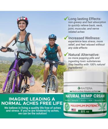 Raitera Hemp Cream 8 oz - Pure Hemp Oil Extract with Emu, MSM & Arnica - Natural Max Strength Balm for Back, Joint, Muscle & Neuropathy Relief - Premium Formula - Buy Online on GoSupps.com